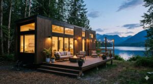 Modern tiny house mobile home with large windows and a wooden deck, furnished with outdoor seating and a fire pit, sits by a lake surrounded by trees and mountains at dusk, string lights creating a cozy atmosphere.