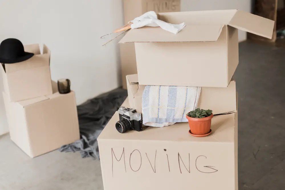 Stacked cardboard boxes labeled MOVING, topped with a towel, camera, potted plant, and open boxes. In the background are more boxes, a black hat, glass, and cloth—often seen when Job Relocation Can Force a Sale.