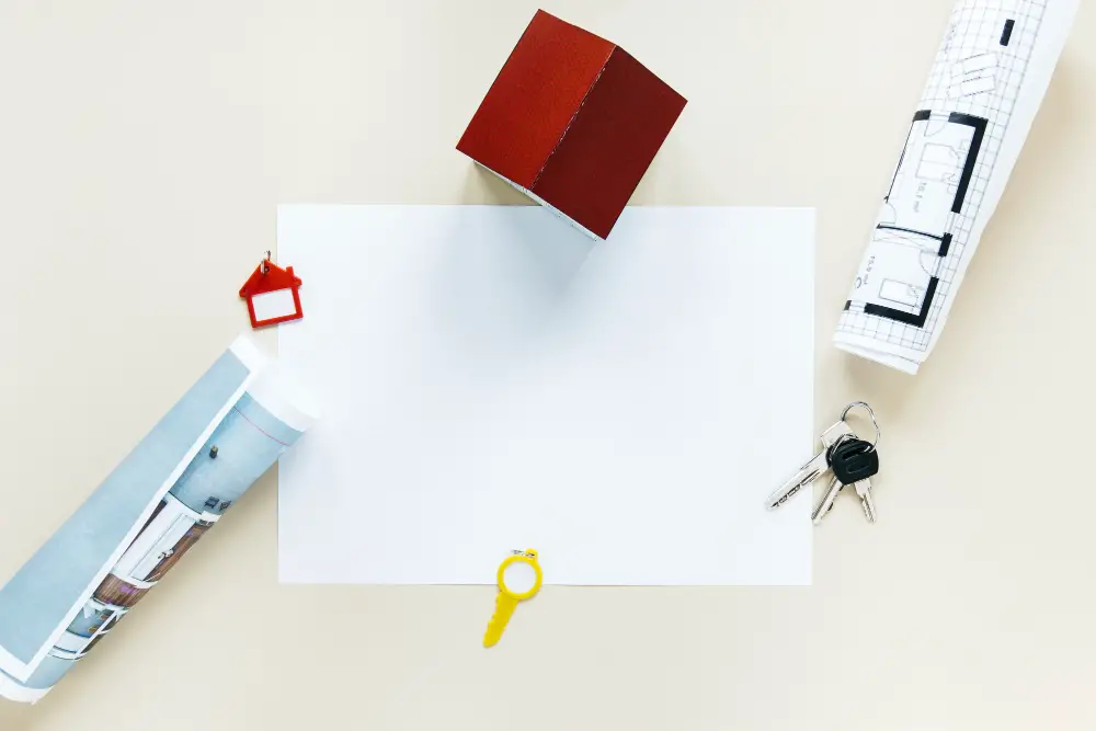 A blank sheet of paper is surrounded by a small red house model, rolled-up blueprints, a red house-shaped keychain, a yellow key, and two silver keys on a keyring, all set on a light background.