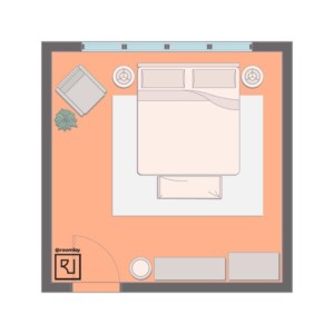15'×15' (460cm x 460cm) Square Layout mid-century modern bedroom furniture layout
