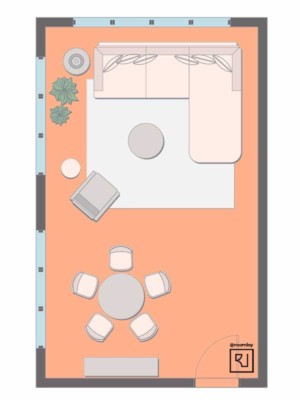 15'×25' (460cm x 760cm) Rectangular Layout living room layout in eclectic modern style