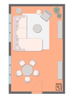 large living room layout with dining table