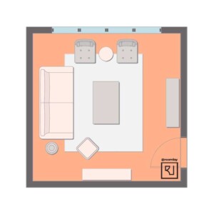 15'×15' (460cm x 460cm) Square Layout small living room furniture arrangement.